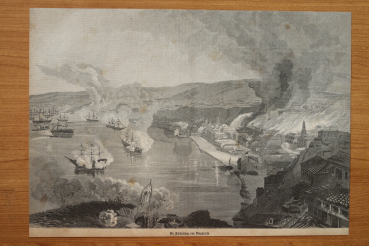 Holzstich Beschießung von Valpariso 1866 Chile Schiffe Kriegsschiffe Stadt Brand Häuser Krieg